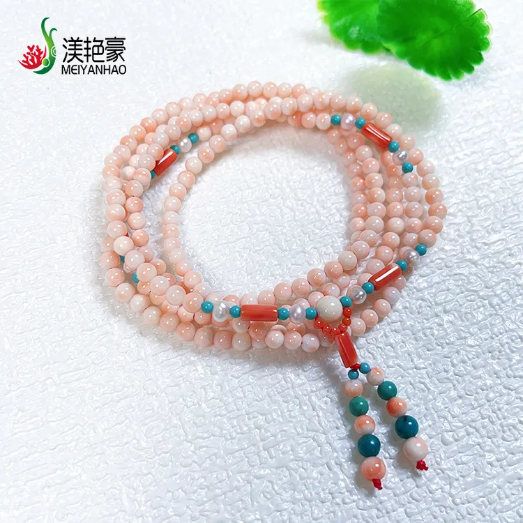 渼艳豪天然珊瑚手串莫莫圆珠佛珠念珠五圈两用款珠宝多样性发一