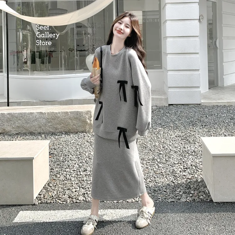 韩系设计感灰色卫衣套装女2025秋季新款休闲运动风蝴蝶结卫衣套装