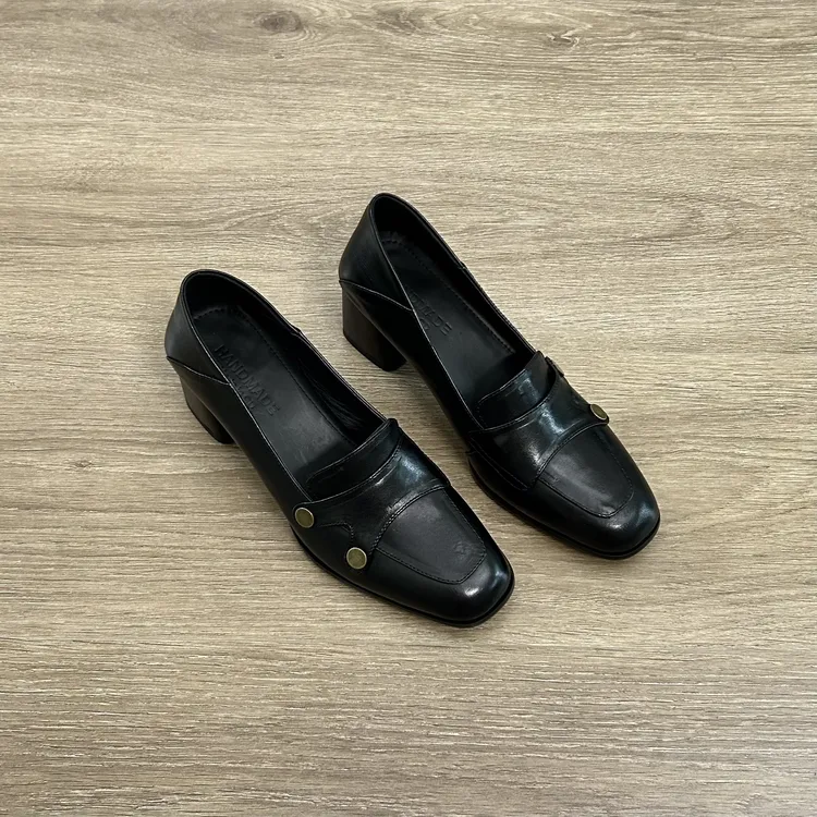 Dannyfrey手工小牛皮纽扣高跟乐福鞋女粗跟方头复古英伦风小皮鞋