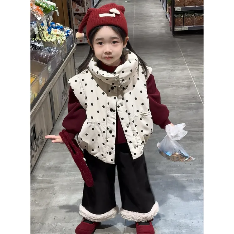 韩国童装2025秋冬新款女童洋气波点围脖马甲复古加绒卫衣阔腿皮裤