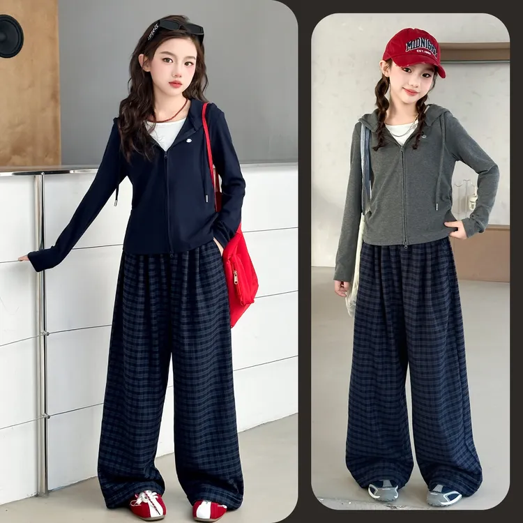 女童休闲连帽假两件格子裤套装中大童儿童6-12岁秋季新款运动潮款
