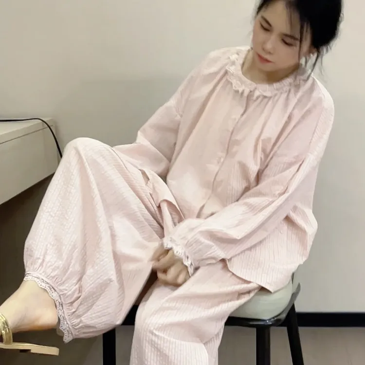 睡衣女款2025新款春款蕾丝花边宽松灯笼袖棉麻大码家居服套装外穿