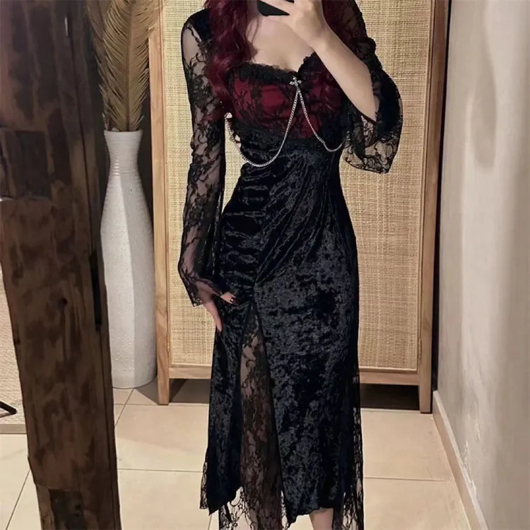 韩版气质名媛蕾丝拼接设计感连衣裙夏季新款纯欲风修身中长裙子女