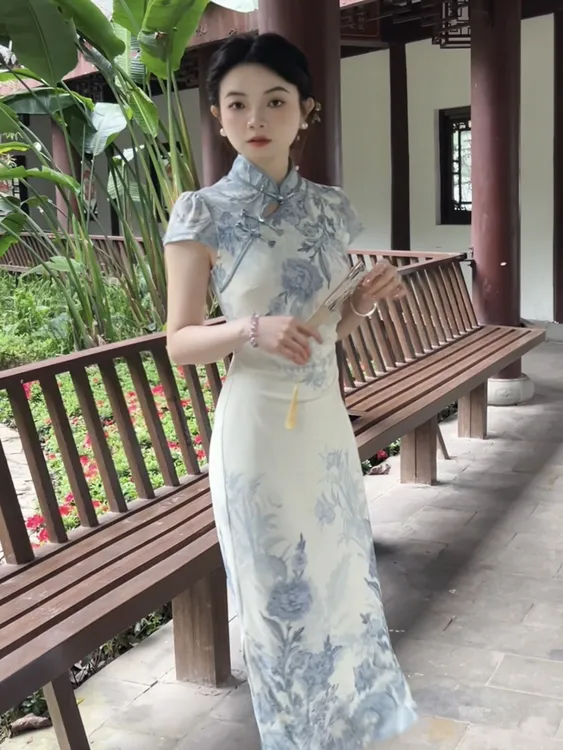 (运补)小美人鱼【青花瓷】小个子定制新中式蓝色夏季旗袍优雅气质