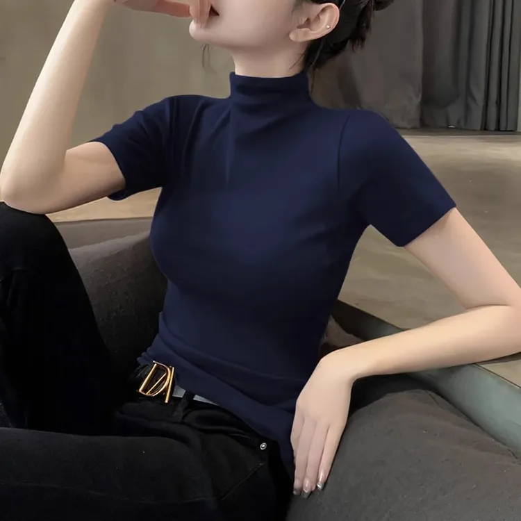 黑色短袖T恤女针织半高领打底衫内搭春秋季洋气韩系修身半袖上衣