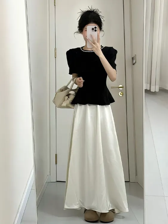 2025夏季新款法式气质轻奢穿搭小香风黑色修身上衣高腰半身裙套装