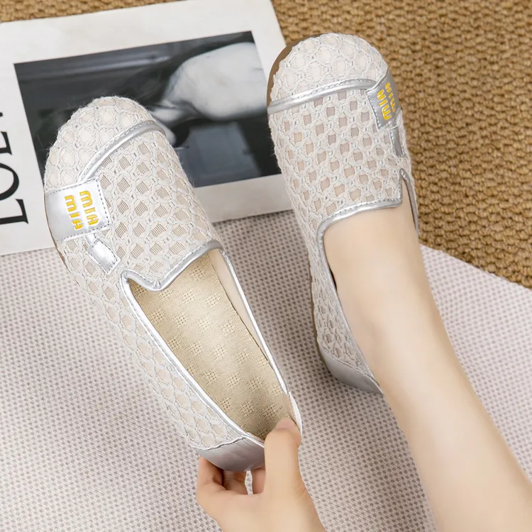 夏季新款针织网面洞洞鞋女一脚蹬凉鞋透气软底软面休闲鞋牛筋底鞋