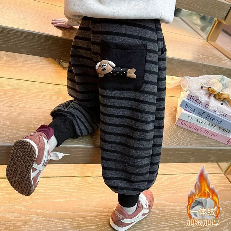 儿童加绒裤男女童2025秋冬新款卡通条纹休闲卫裤一体绒加厚束脚裤