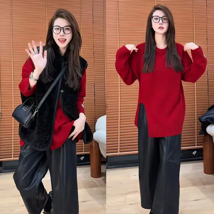 今年流行冬季穿搭2025年新款圆领百搭针织上衣马甲外套皮裤三件套
