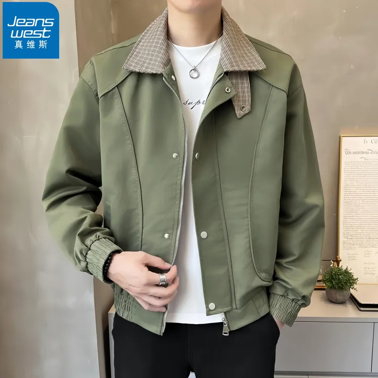 真维斯Jeanswest秋季韩版男士夹克格子拼接领口百搭工装休闲翻领