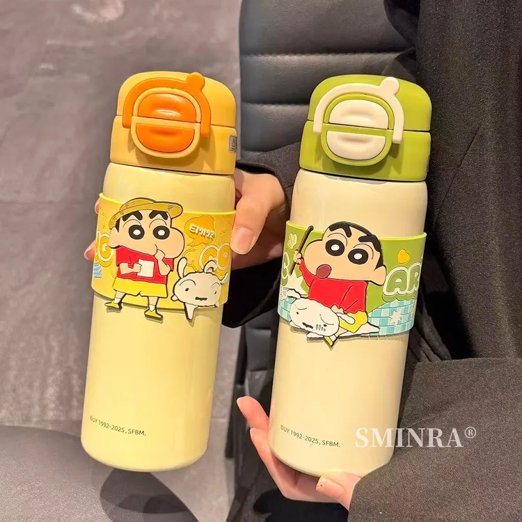 可爱小新卡通保温杯新款便捷学生防摔水杯简约两用弹跳盖双饮杯子