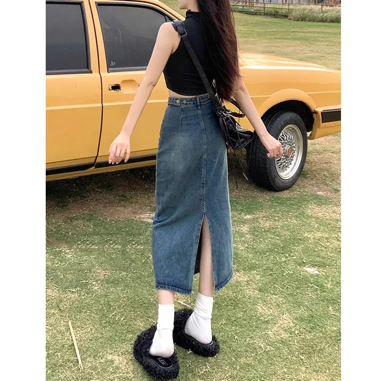 高腰开叉牛仔半身裙女2025年新款夏季小个子a字半裙复古包臀长裙