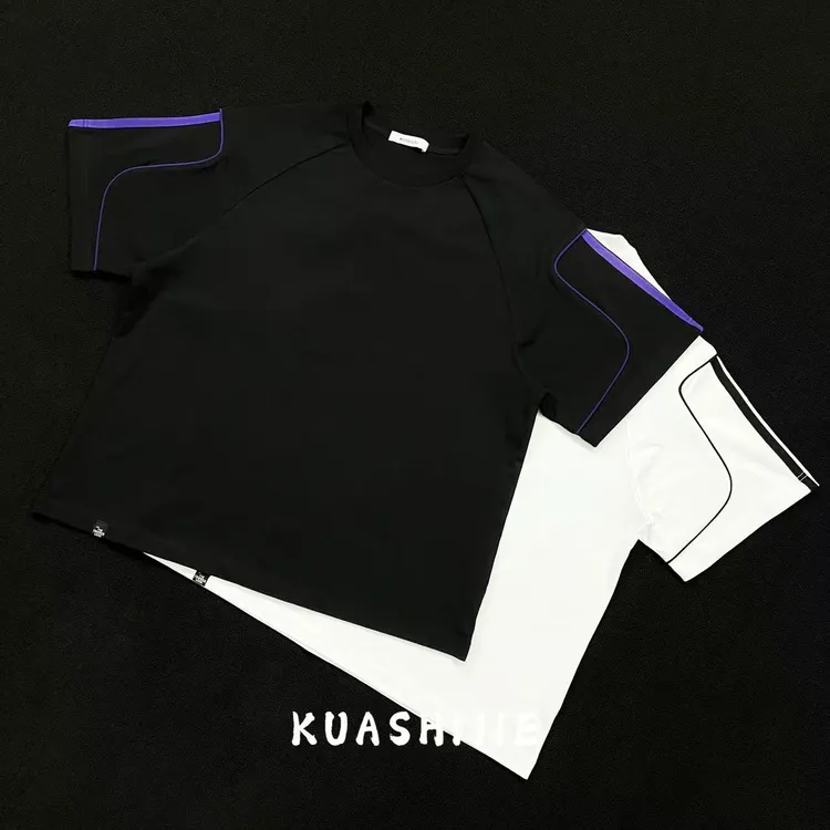 夏季极简结构短袖T恤男撞色捆条织带半袖百搭简约纯棉半袖T4102#