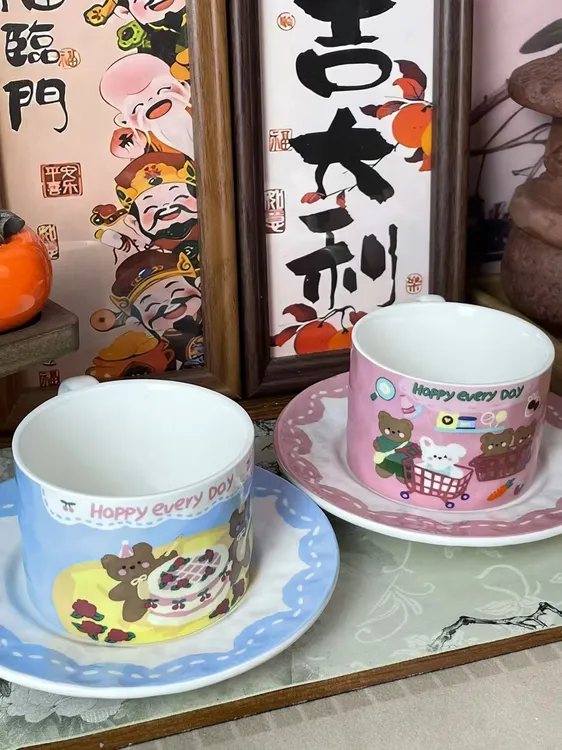 韩式可爱小熊卡通陶瓷杯碟套装家用