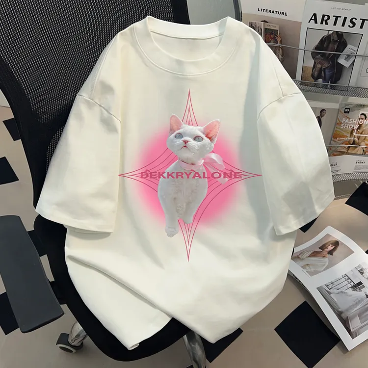 jtrt美式复古设计渐变猫咪字母印花夏季宽松纯棉重磅短袖T恤男女