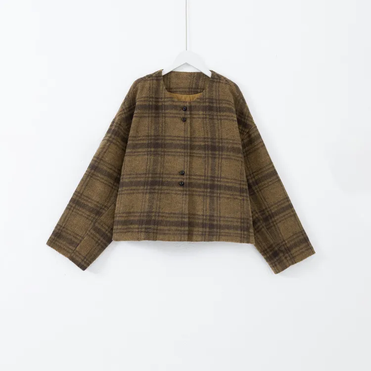 几里与麻 气质显白圆领格纹毛呢短外套 衣长52胸围125 2101107