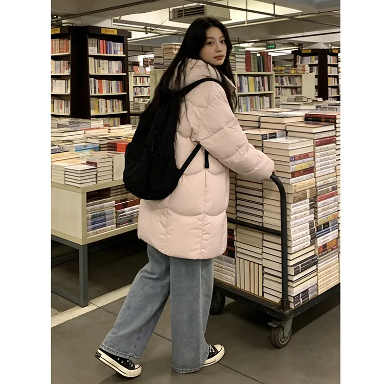 粉色连帽羽绒服女中长款2025冬季新款小个子白鸭绒加厚面包服外套