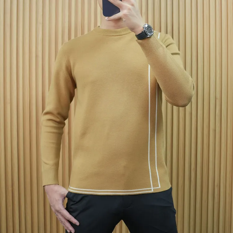 MALEASY男士条纹针织衫撞色时尚简约圆领秋冬季休闲轻奢长袖毛衣