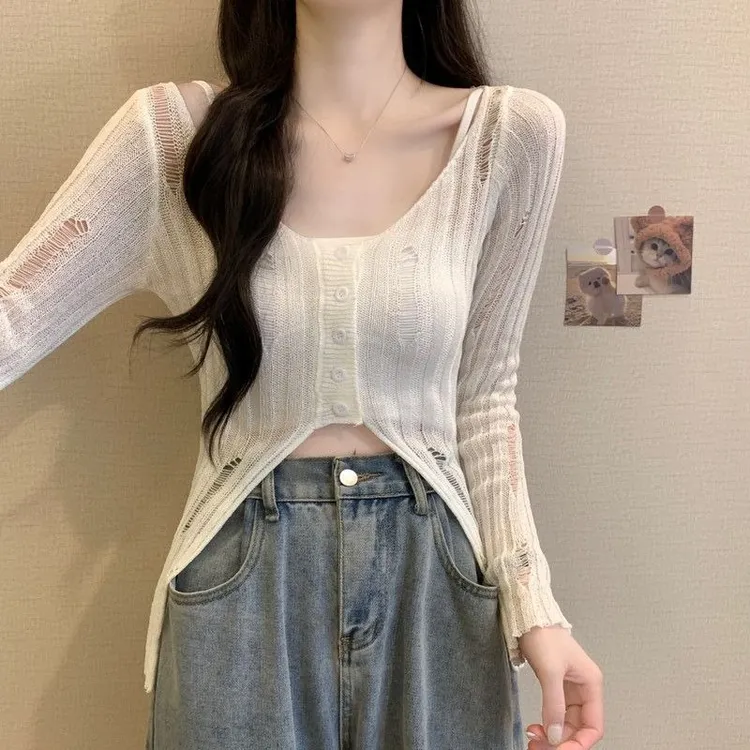 7894 镂空破洞防晒t恤女夏季薄款吊带外搭镂空罩衫空调衫短上衣