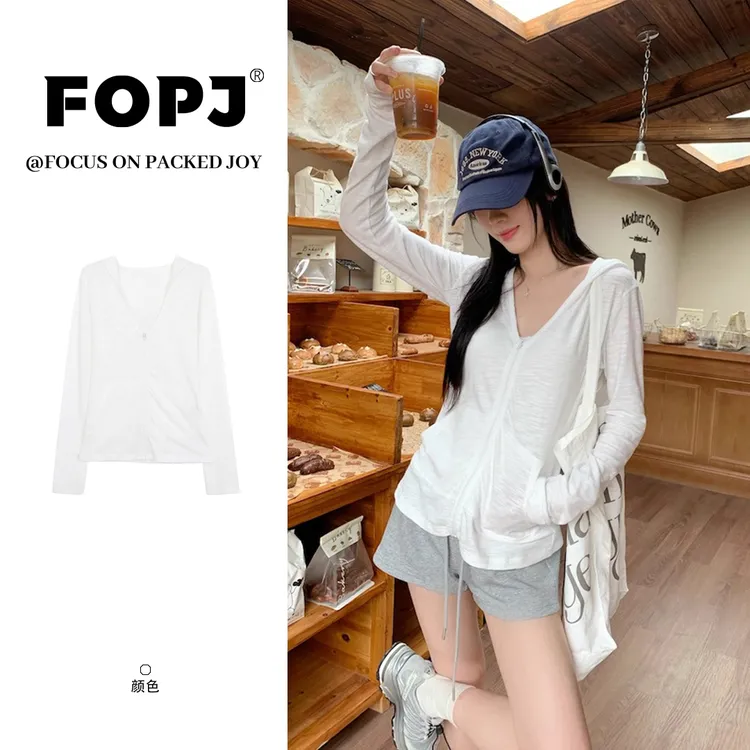 FOPJ白色v领长袖T恤防晒衫女竹节棉拉链连帽开衫设计感外套上衣潮