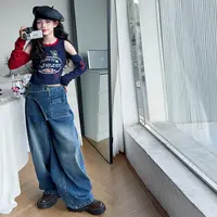 【酷哒仔】女童美式露肩长袖屁帘牛仔裤子两件套装2025秋季中大童潮