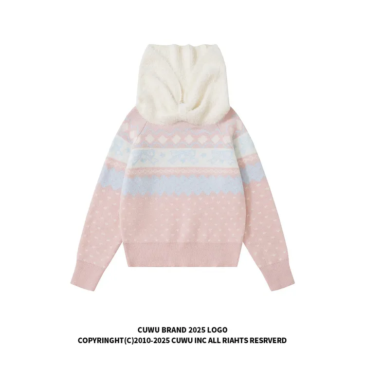 cuwu费尔岛提花一字肩毛衣女秋冬蝴蝶结提花修身显瘦露肩针织上衣