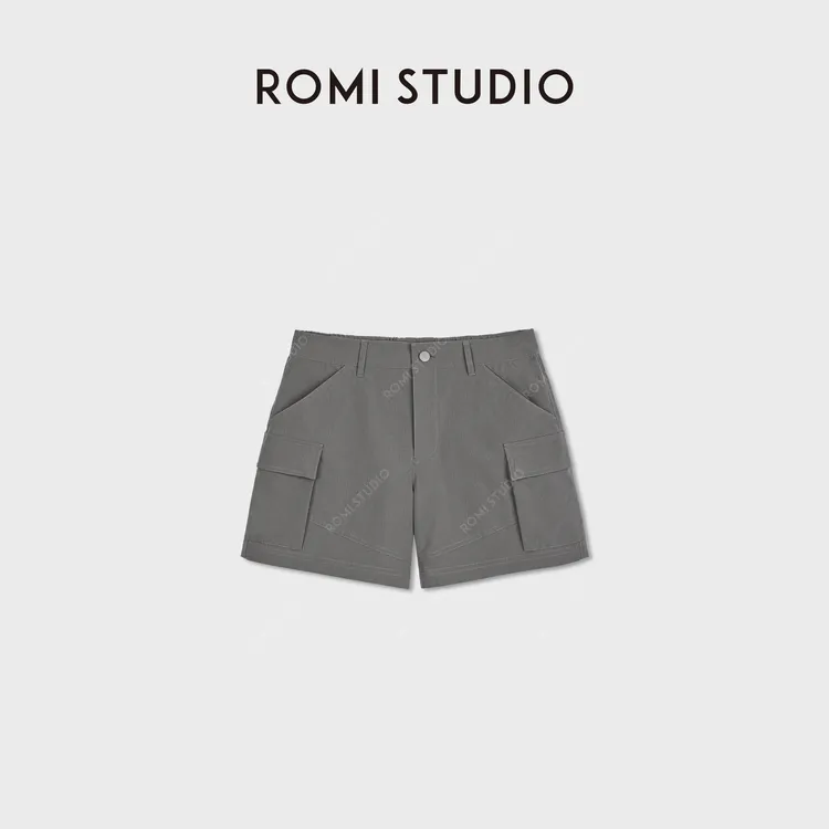 ROMI STUDIO高密洗水棉混纺柔雾格子肌理立体工装短裤 RWDSXD2475