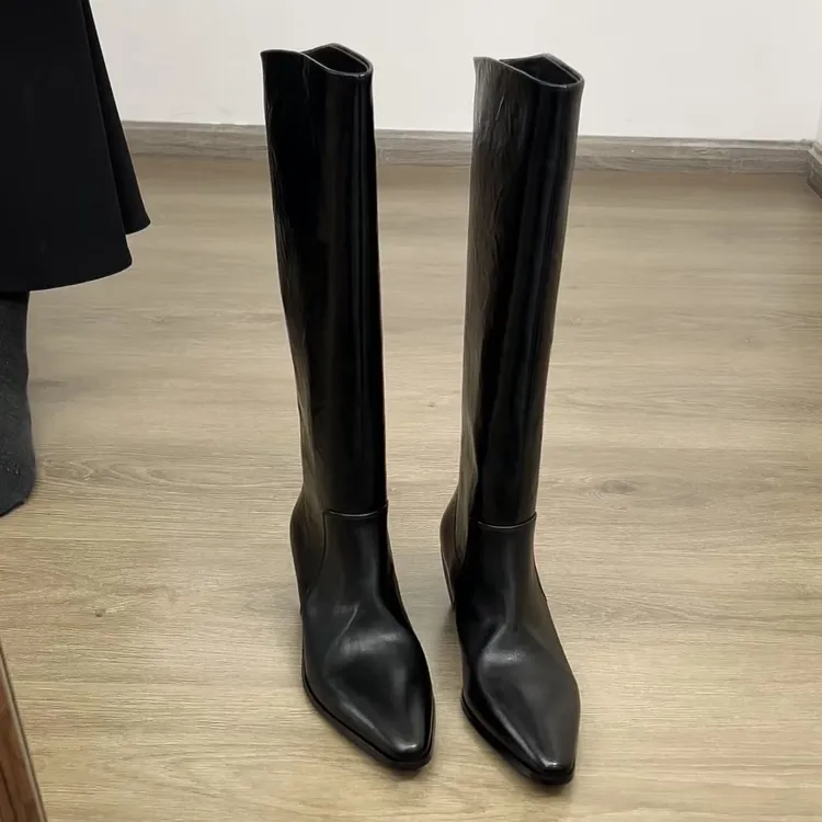 Dannyfrey秋冬新款头层植鞣牛皮不过膝后拉链大筒围骑士靴5.5CM