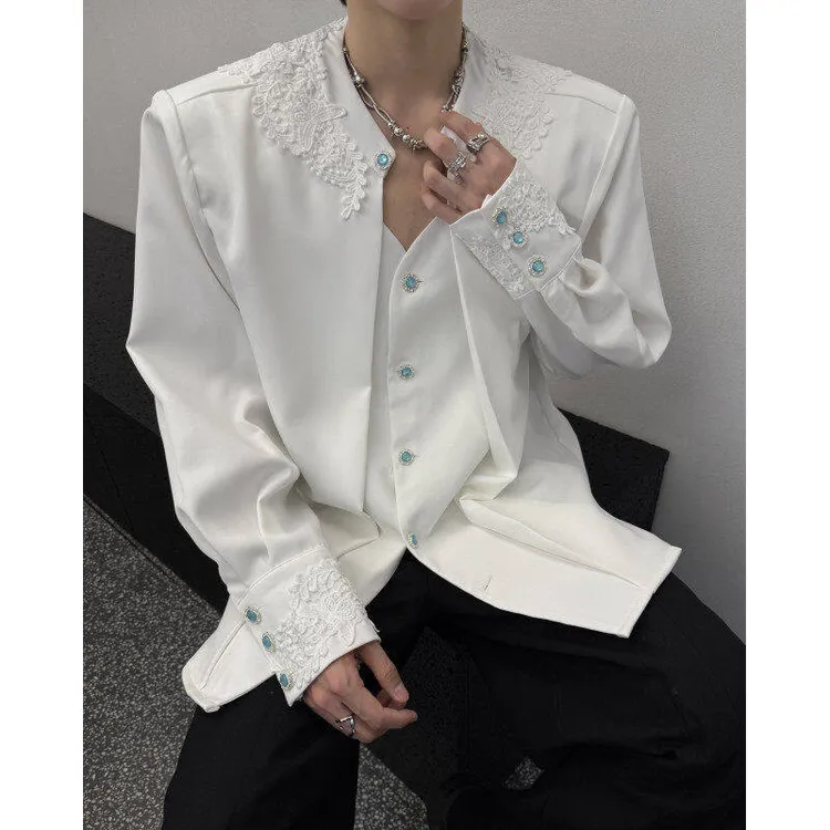 2025春夏季新款假两件垫肩衬衫男长袖潮牌痞帅蕾丝宝石纽扣衬衣潮