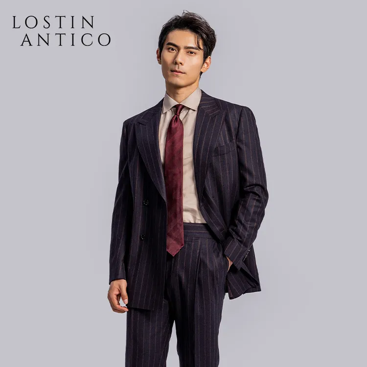 意式法兰绒黑色深咖条纹双排扣西装套装结婚新郎服商务出差正装男