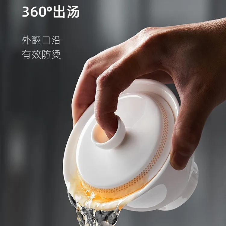 挚礼记360°带过滤大容量德化白瓷悬停防烫三才盖碗茶具网红茶器商品图