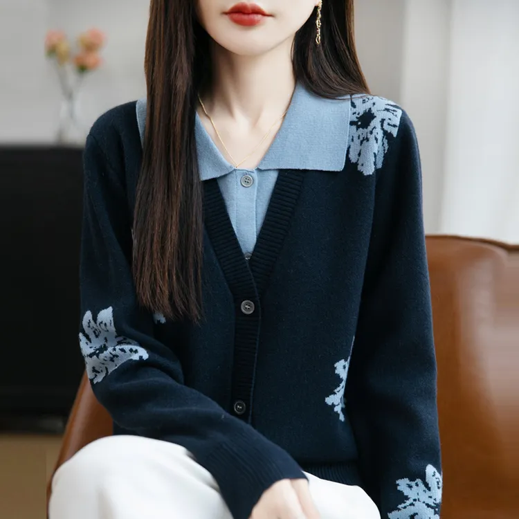 哥弟阿玛施正品假两件羊毛衫女秋冬新款设计感撞色提花织开衫外穿