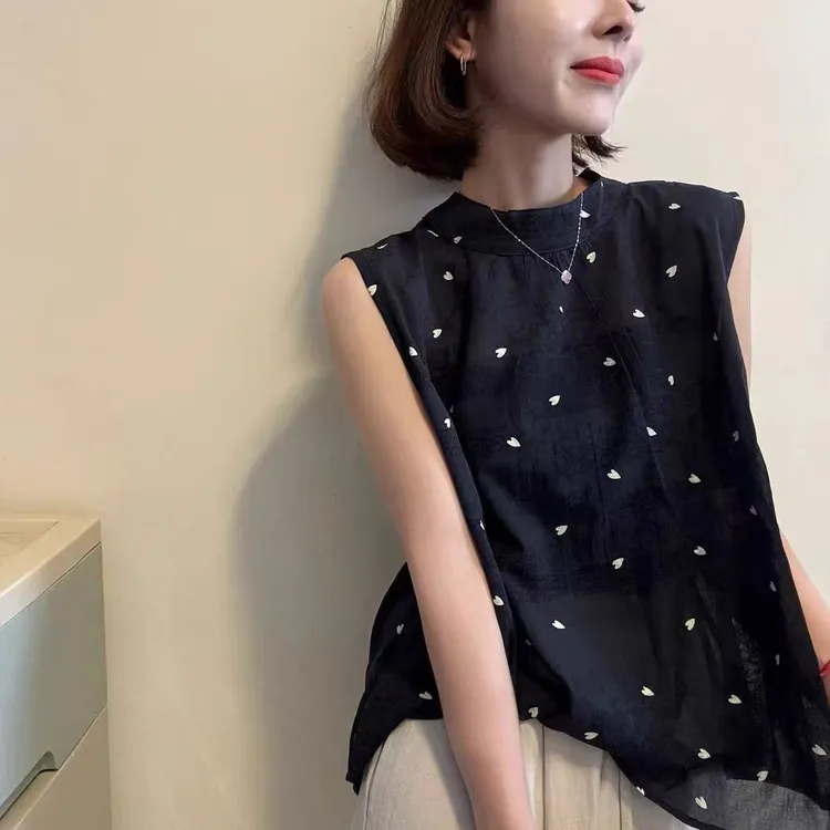 欧货复古暗纹提花设计感立领衬衫女夏季后背系带轻薄无袖背心