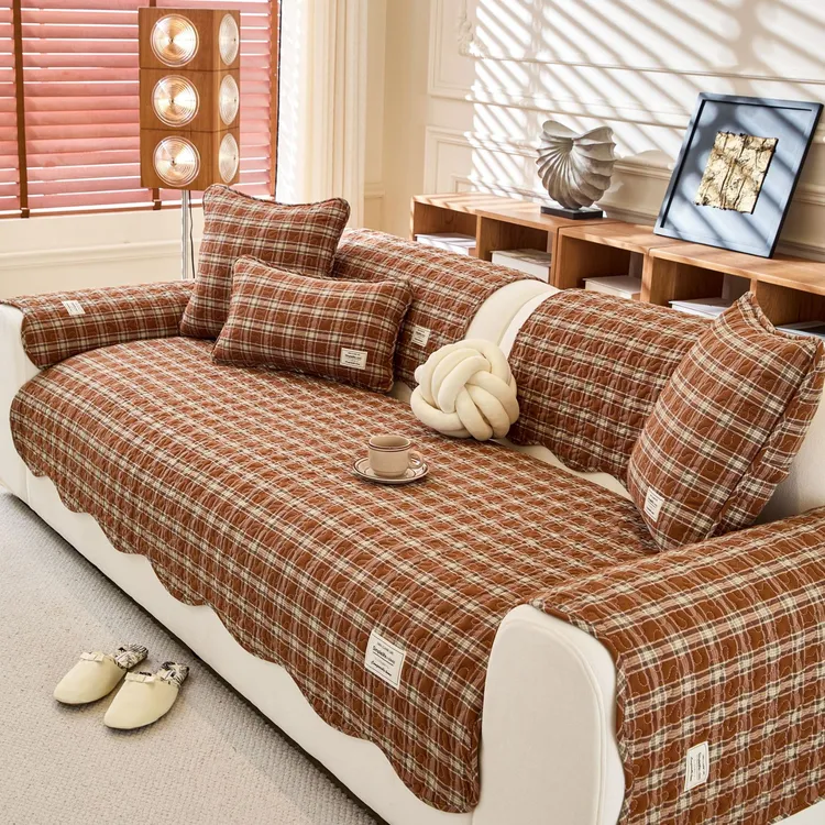 经典格子美式纯棉沙发垫防滑四季通用加厚坐垫直排套罩盖巾坐垫子