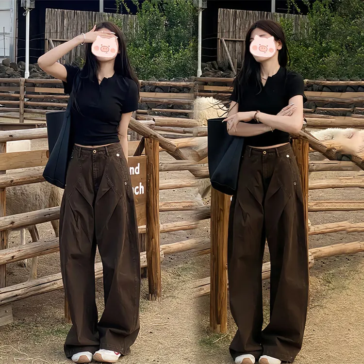 美式复古百搭牛仔裤女2025夏季时尚修身短袖T恤高腰阔腿裤两件套