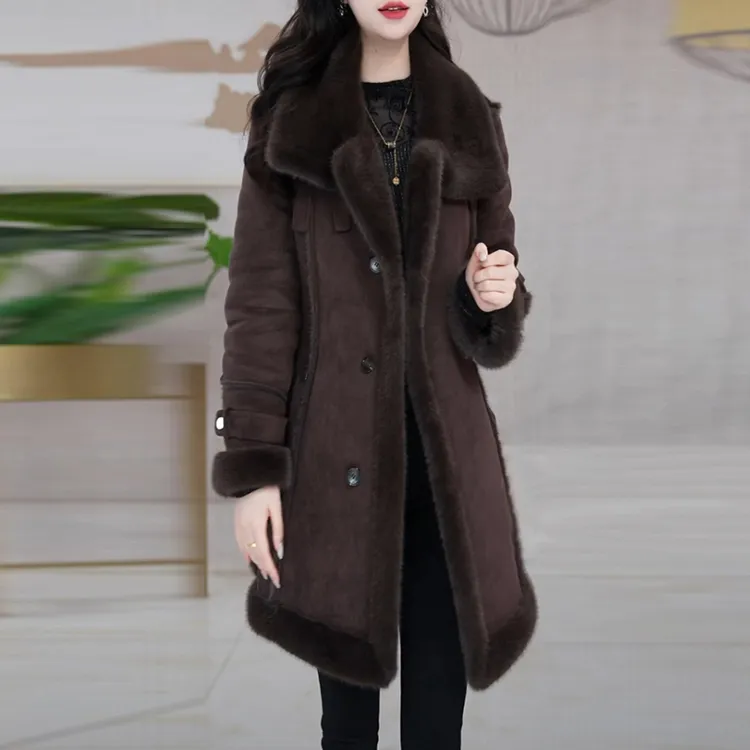 植绒皮加绒加厚保暖中长款外套女2025冬季新款高级感高贵气质大衣