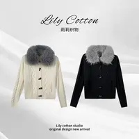 温润牛角 复古绞花可拆毛领设计绵羊毛百搭牛角扣开衫YL-6201267