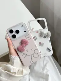 闪粉线条kitty猫立体钻蝴蝶结手机壳适用苹果17promax/16包相机键