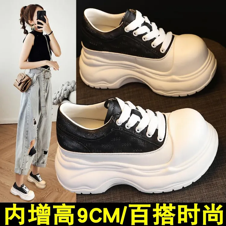 厚底大头小白鞋女松糕9cm系带2025秋季爆款超火小个子内增高女鞋