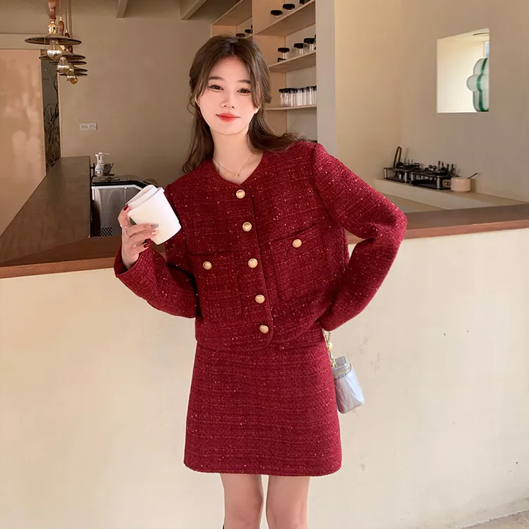 红色千金小香风套装裙女2025春季新款小个子韩系气质半身裙两件套