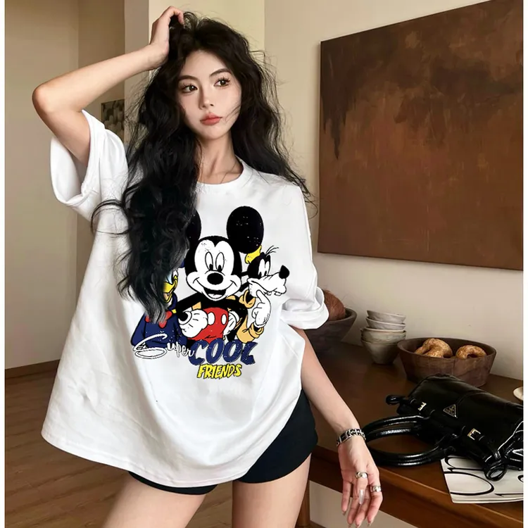 港风新款米奇宽松潮牌夏季t恤上衣纯棉短袖黑色女装情侣装半袖