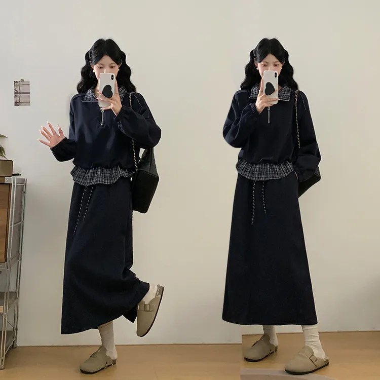 MO88ZSPF大码女装胖mm秋季假两件格纹翻领半拉链卫衣半身裙两件套