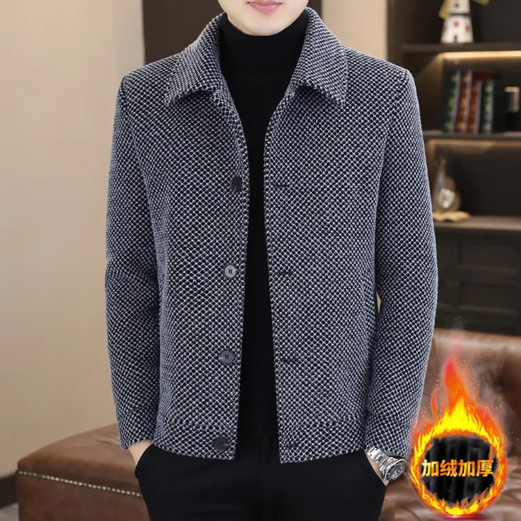 男士新款高档短款翻领毛呢大衣毛呢中年加厚休闲男装