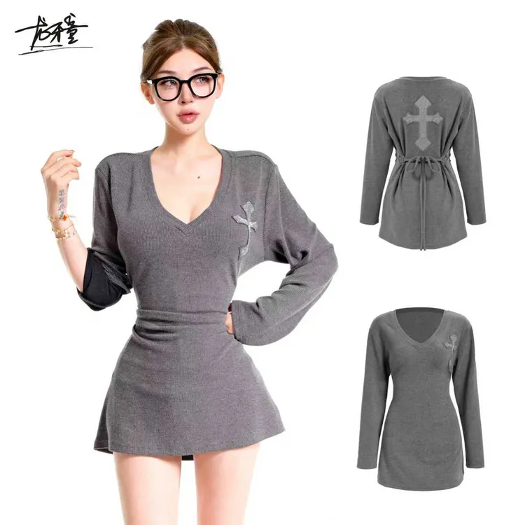 龙牙童推荐【等你下课】秋季长袖打底T恤收腰显瘦百搭休闲辣妹灰色