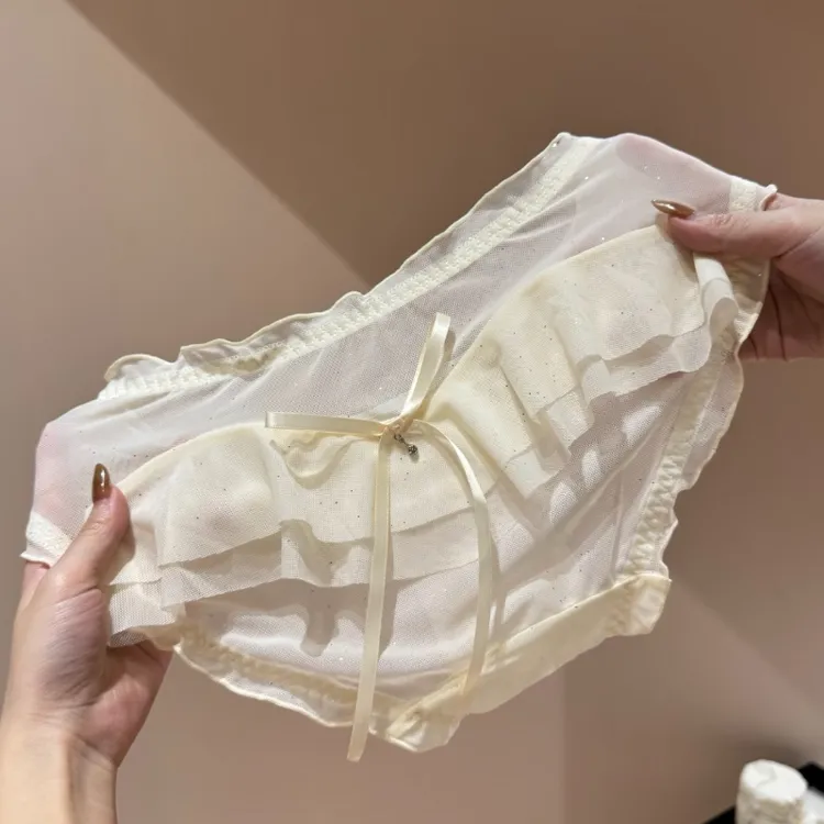 法式花边新款性感蕾丝三角内裤女士细闪亮片蝴蝶结亲肤内裤