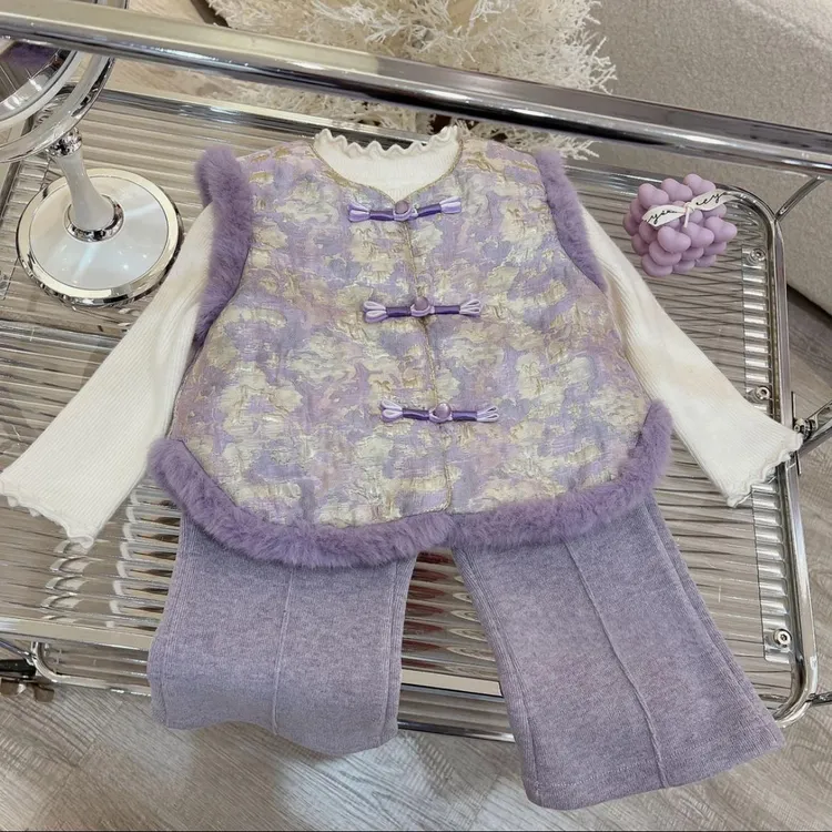 女童冬装套装2025中国风新款洋气儿童冬季加厚马甲裤子两件套潮童