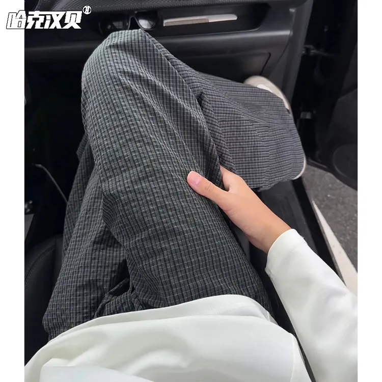 泡泡纱格纹弯刀裤男早秋宽松大码休闲小西裤老钱风松弛感简约长裤