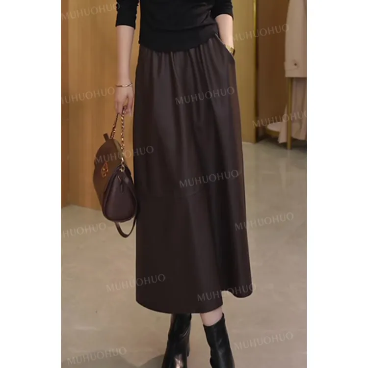 FANFAN W秋冬女装大摆A字皮裙半身长裙女松紧高腰中长款女裙Q9809