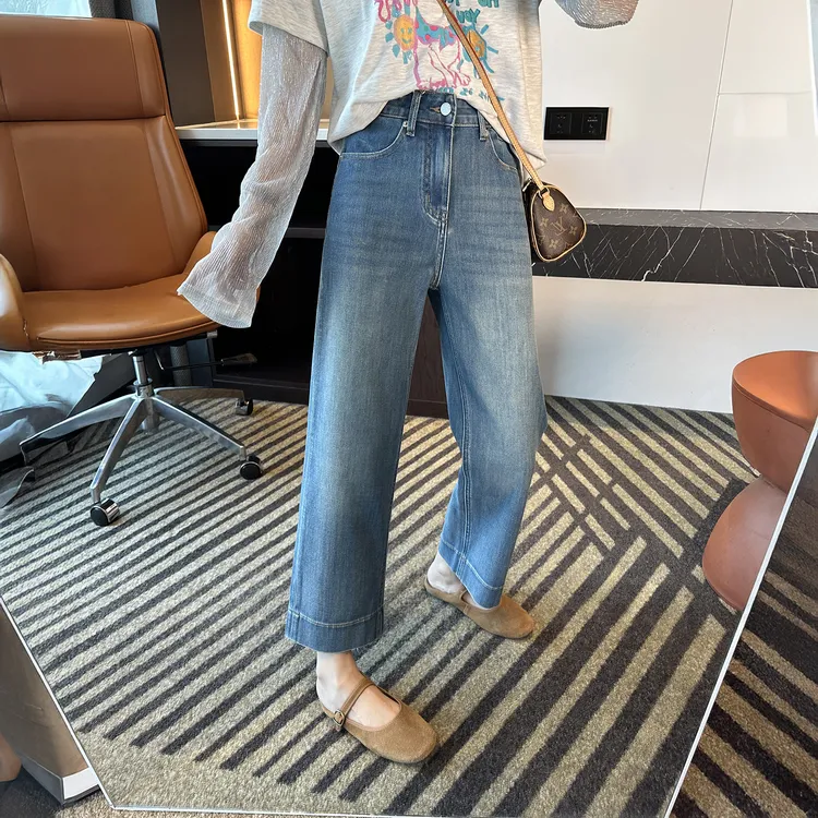 神裤系列~！高腰九分直筒牛仔裤女秋新款百搭显瘦弹力窄版阔腿裤