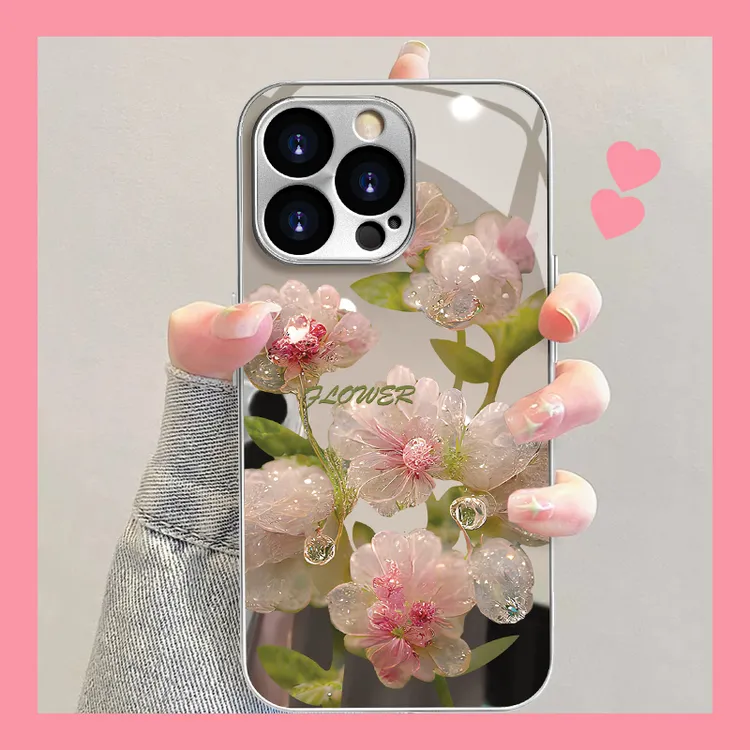 适用于苹果16/oppo/vivo华为小米网红粉塑花个性电镀镜面手机壳新